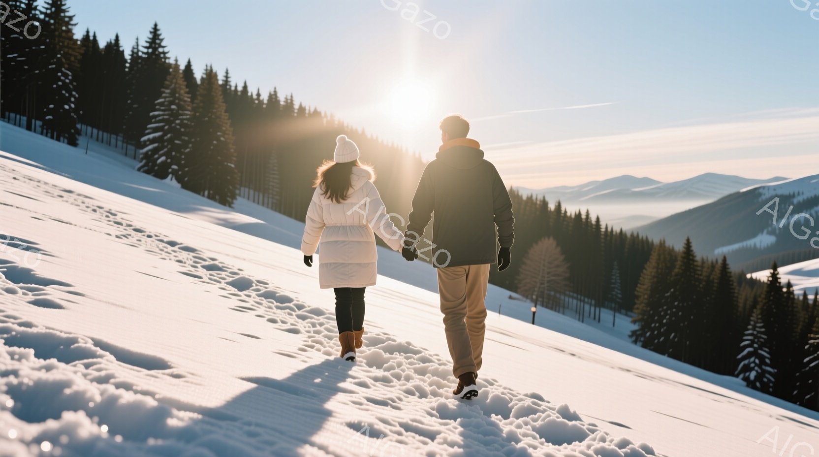 雪景色の中、男女が手をつないで歩いている。女性は白いダウンジャケットと帽子を着用し、男性は黒いジャケットと茶色のズボンを身につけている。背景には、雪をまとった木々と遠くの山々が広がり、太陽の光が雪原を - AI生成フリー素材