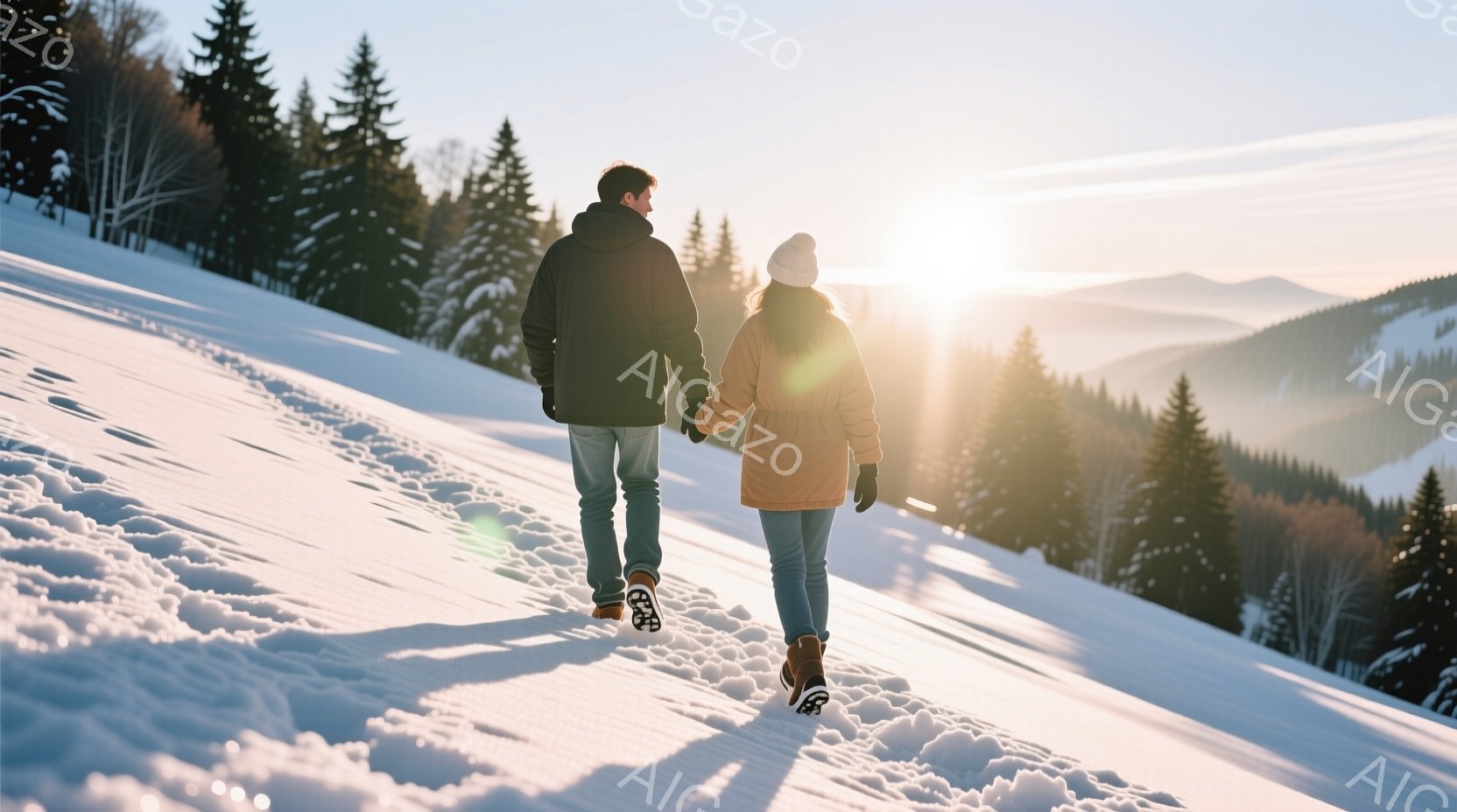 雪に覆われた丘を、一対の男女が手をつないで歩いている。男性は黒いジャケットとジーンズ姿、女性はオレンジ色のジャケットとデニム、頭にはニット帽をかぶっている。背景には緑の針葉樹林が広がり、太陽が輝く冬の - AI生成フリー素材