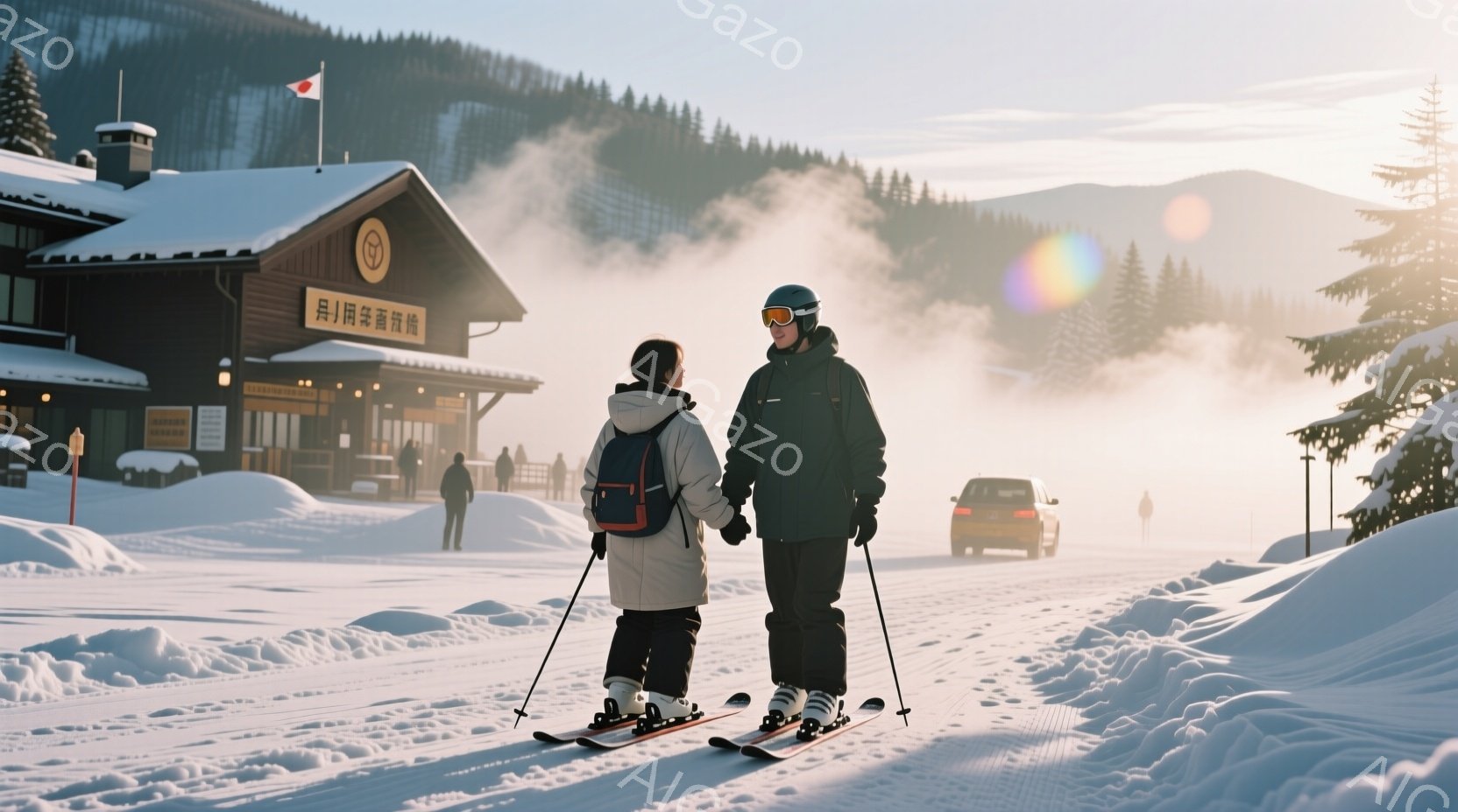 雪景色の中で、スキー板を履いた若い女性と男性が寄り添って立っている。女性は黒いスキーウェアにバックパックを背負い、男性は黒いスキーウェアとヘルメットを着用し、暖かい日差しに照らされている。背景には、雪 - AI生成フリー素材