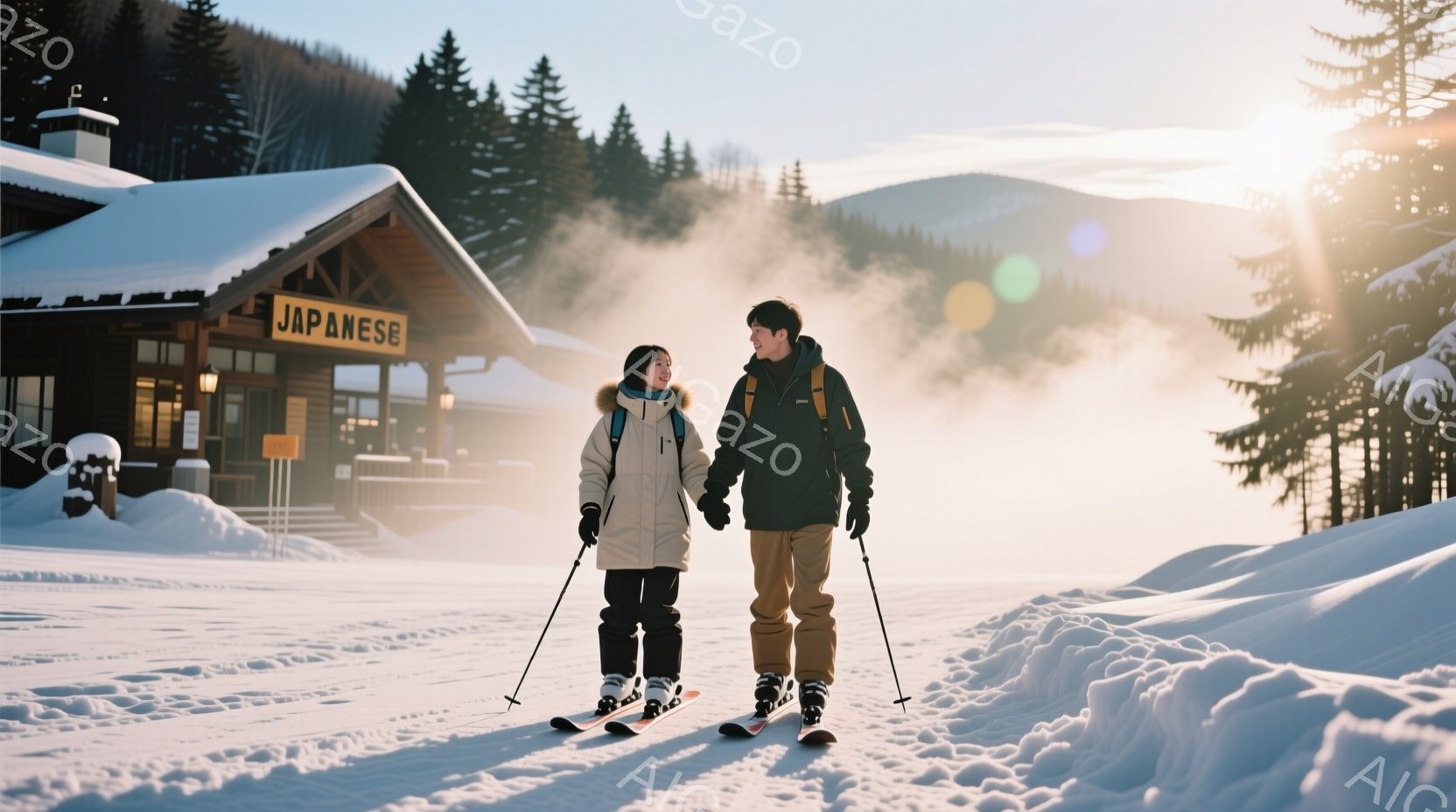 雪景色の中に立つ若い男女が描かれています。女性は白いダウンジャケットに黒いレギンス、男性は黒いジャケットにジーンズを着用し、ともにスキー板とストックを持っています。背景には雪に覆われた木々や、暖炉の煙が立ち上るログハウスが見え、穏やかでロマンチックな雰囲気が漂っています。