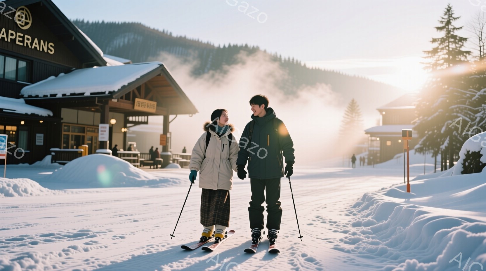 雪景色の中、若い男女がスキー板を履いて並んで歩いている。女性はベージュ色のダウンジャケットにチェック柄のスカート、男性は濃い緑色のジャケットに黒いズボンを着用し、楽しそうな表情で互いに視線を交わしてい - AI生成フリー素材