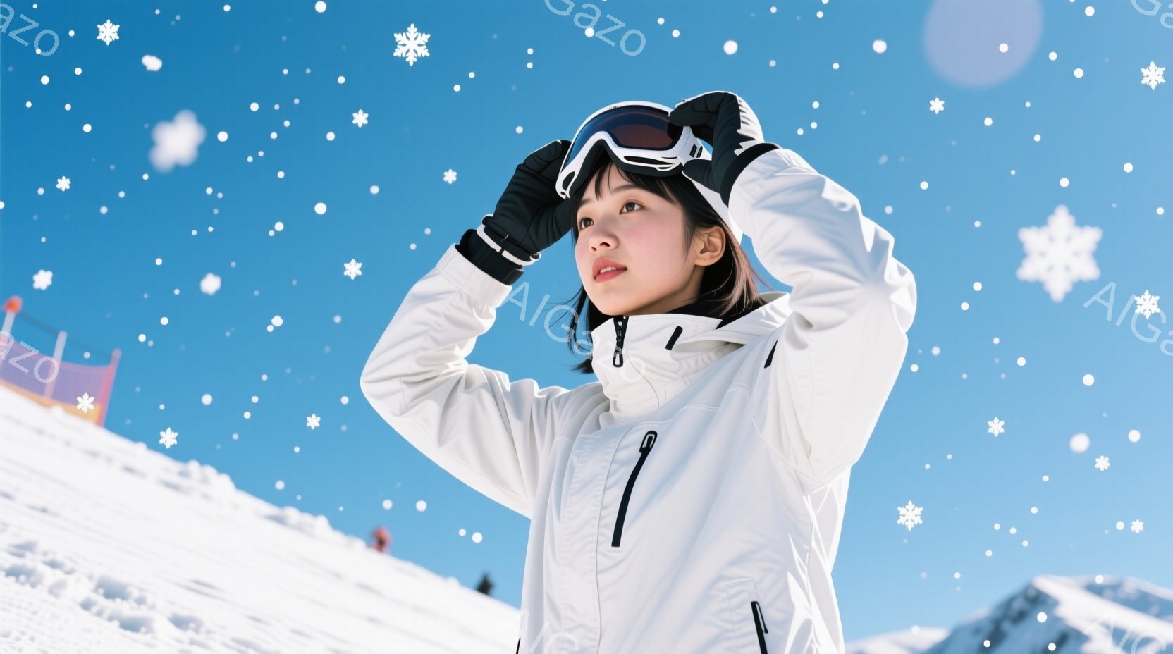 白いスキーウェアに黒のゴーグルと手袋を着用した女性が写っています。彼女は顔を少し上に向けており、雪景色を見ているようです。背景には雪山と青空が広がり、雪が舞い散る様子が描かれ、冬の爽やかな雰囲気が漂っ - AI生成フリー素材