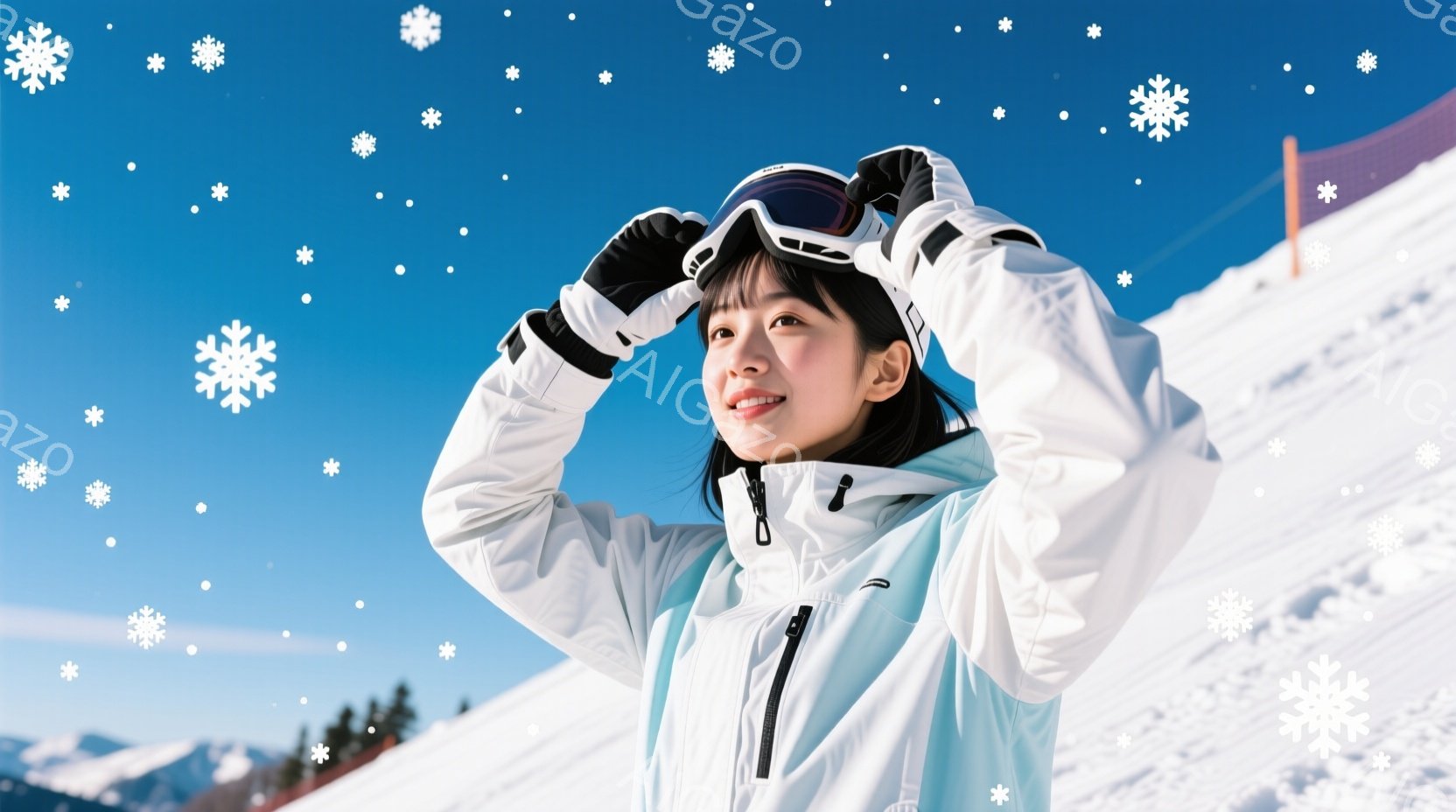 スキーウェアに身を包んだ若い女性が、雪山を背景にポーズを取っています。彼女は黒いヘアスタイルで、顔にはゴーグルをかけ、片手を上げてゴーグルを支えています。背景には白い雪に覆われた山々と、青空が広がり、 - AI生成フリー素材