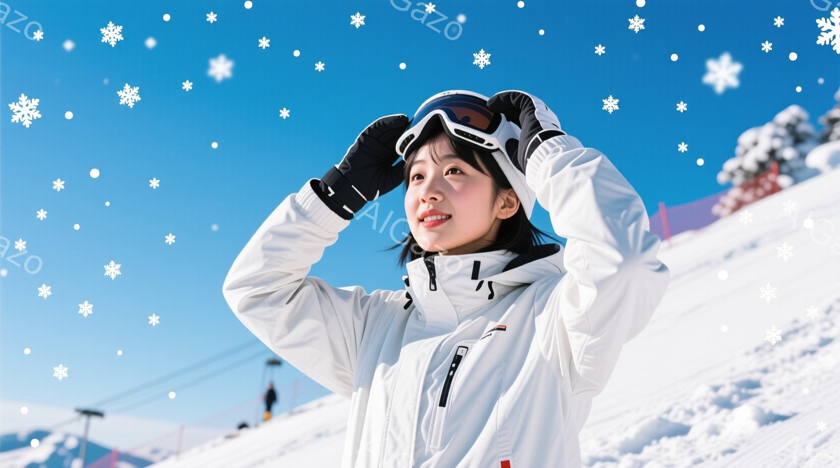 スキーウェアを着た若い女性が、スキー場を背景にポーズをとっています。彼女は白いスキーウェア、黒いゴーグル、そして頭に帽子を着用し、顔は笑顔で、空を見上げています。背景には雪山と青空が広がり、スキーリフ - AI生成フリー素材