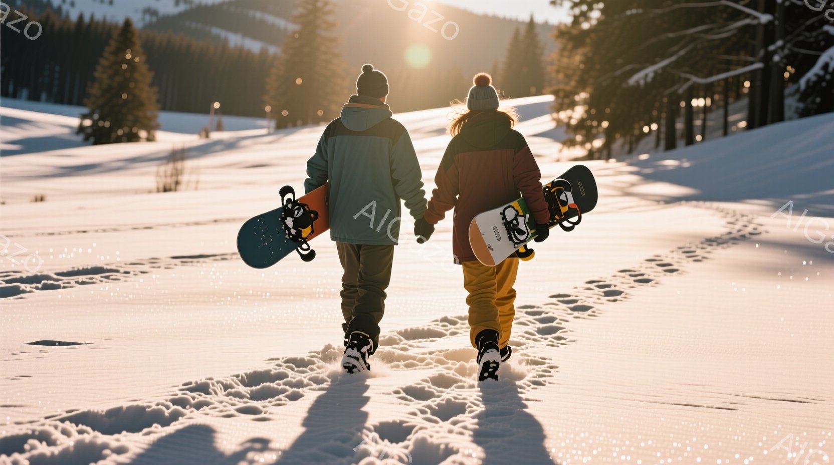 雪原を歩く男女の背中姿が描かれている。男性は緑色のジャケット、女性は黄色いズボンと黒いジャケット、共にニット帽を着用し、スノーボードを手にしている。背景には雪をまとった木々が広がり、晴天の下、暖かい光 - AI生成フリー素材