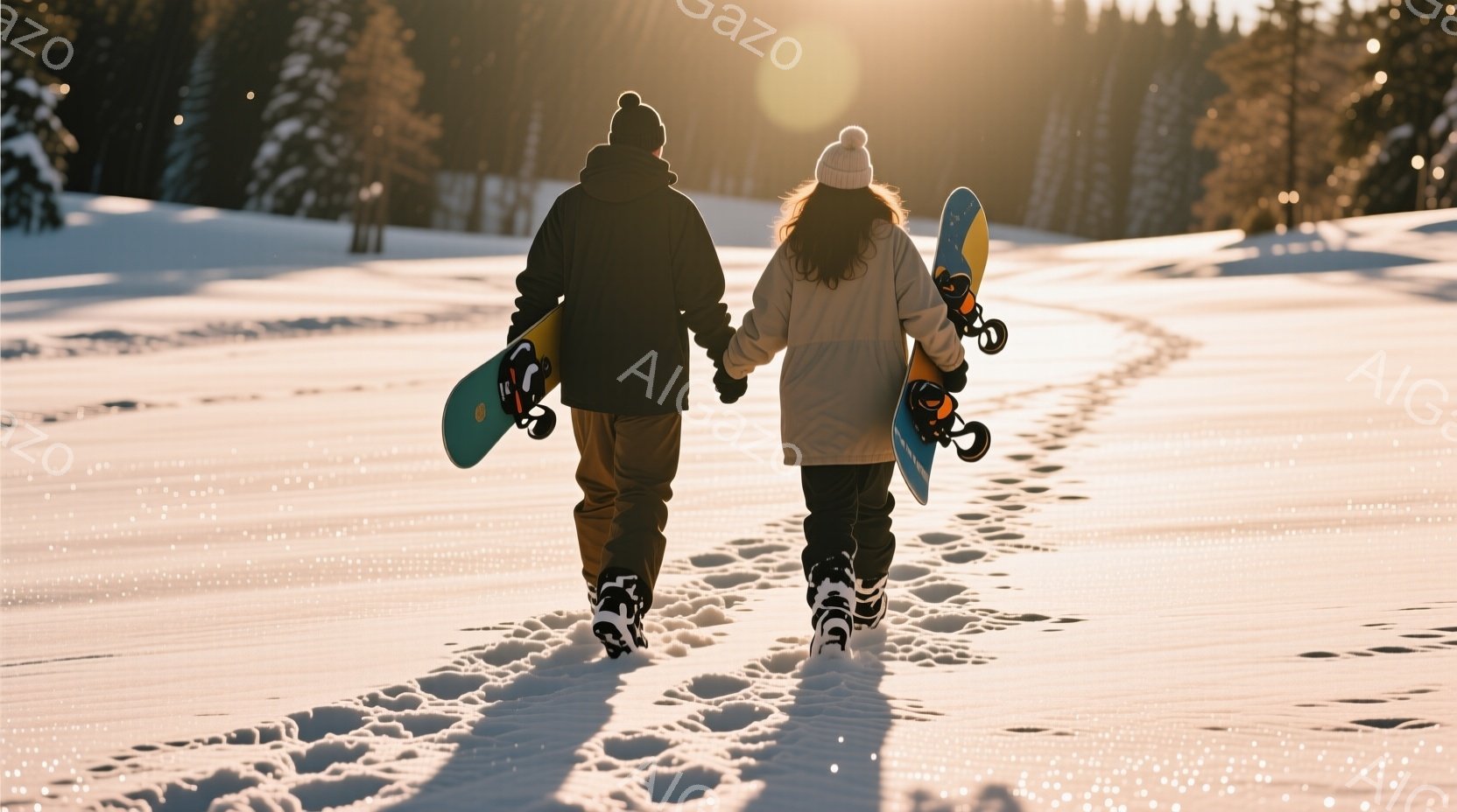 雪深い景色の中で、背中を見せた男女が手をつないで歩いている。二人はスノーボードを肩に担ぎ、厚手のウィンタースーツと帽子を着用しており、足跡が雪面に深く刻まれている。背景には松林が広がり、夕日のような柔 - AI生成フリー素材