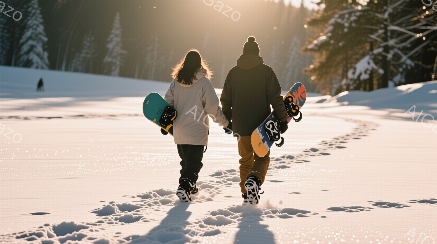 雪景色の中、男女が手をつないで歩いている様子が捉えられています。女性は白いジャケットに茶色の髪、男性は黒い帽子とジャケットを着用し、それぞれスノーボードを抱えています。背景には針葉樹林が広がり、夕焼け - AI生成フリー素材