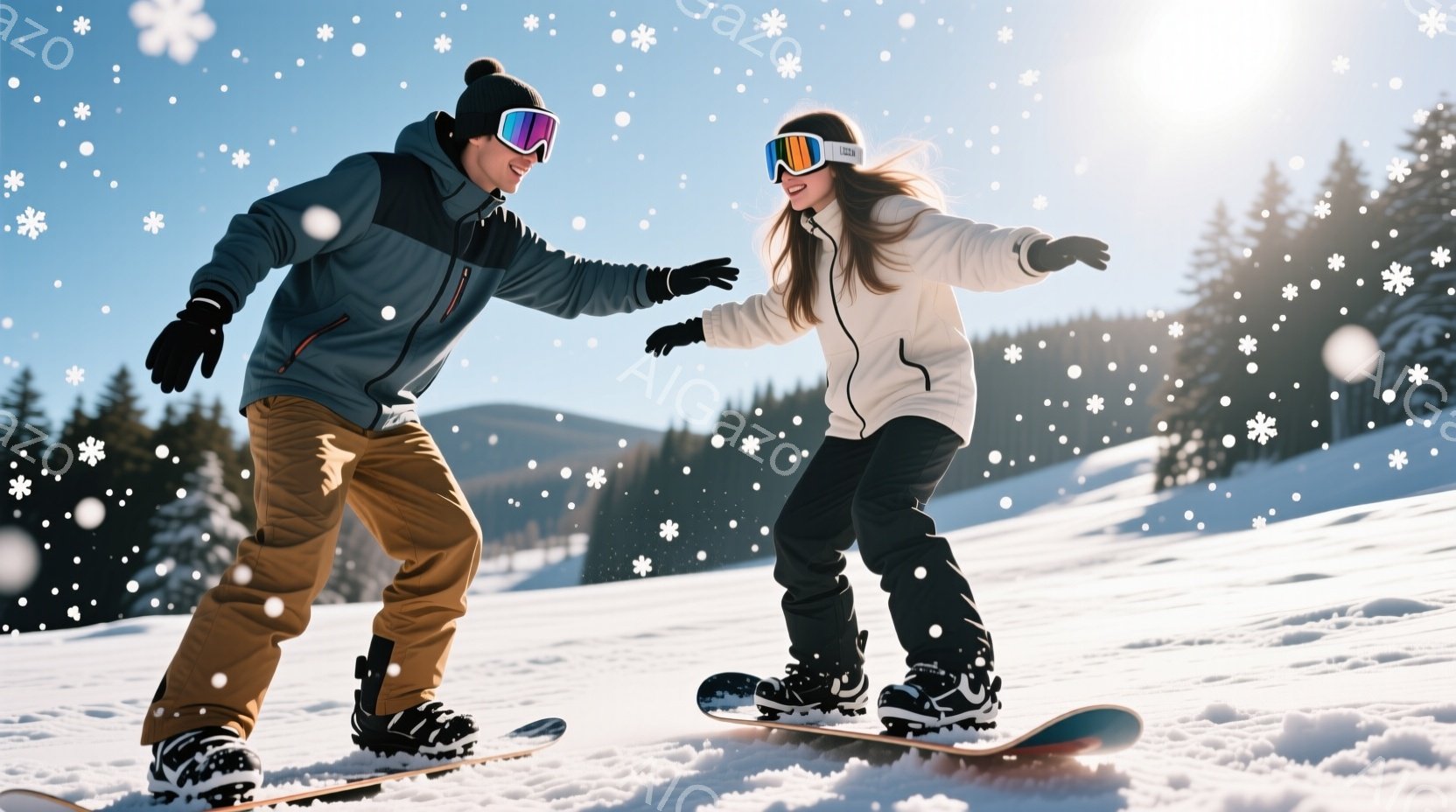 雪山をスノーボードで滑る男女が写っています。男性はグレーのジャケットと茶色のズボンを着用し、女性は白いジャケットと黒いズボンを着用しています。二人は顔にゴーグルをかけ、楽しそうな表情でスノーボードを楽 - AI生成フリー素材