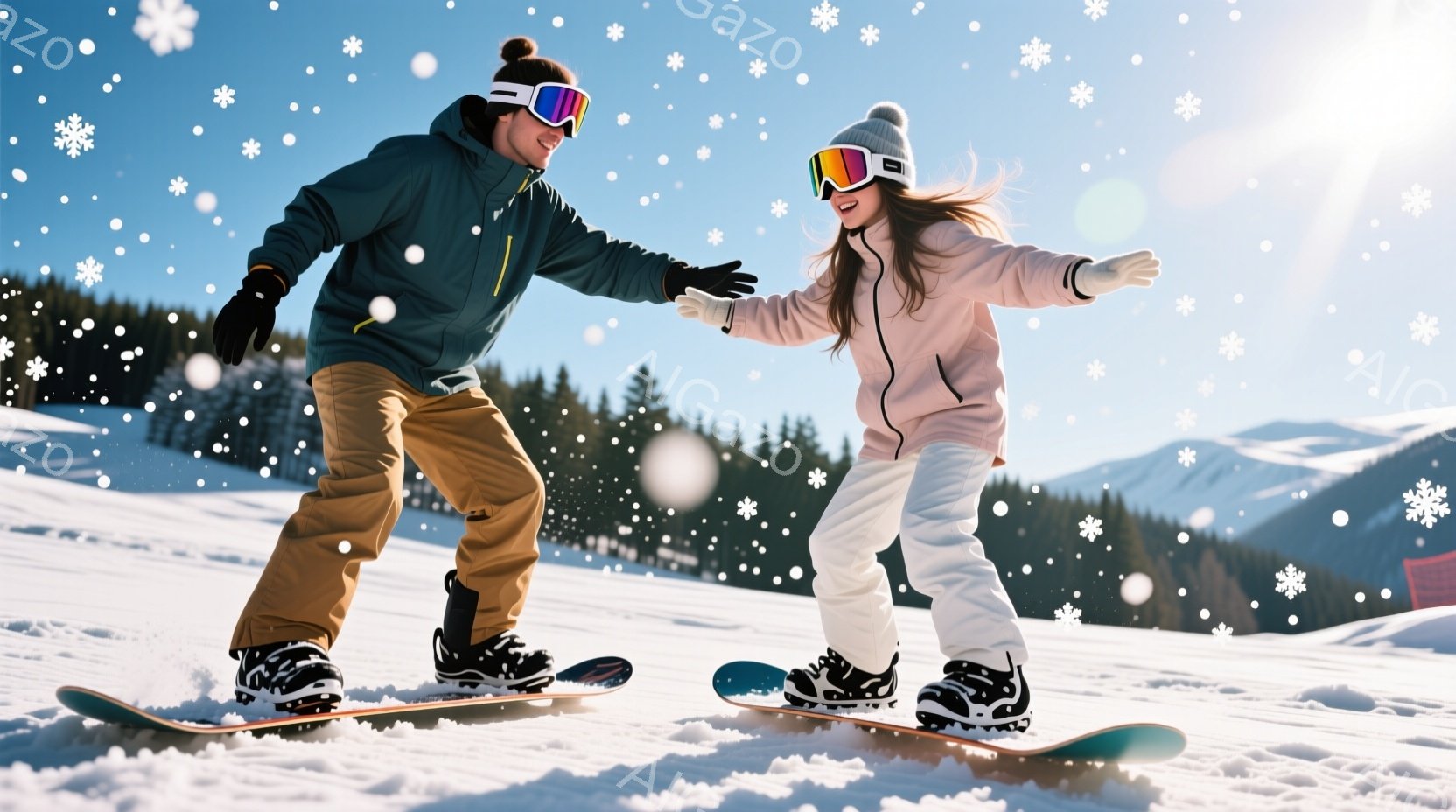 雪山をスノーボードで滑っている男女が写っています。男性は茶色のヘアスタイルで黒いゴーグルをつけ、オレンジ色のズボンに黒いジャケットを着ています。女性はロングヘアを頭にまとめ、ピンク色のジャケットと白い - AI生成フリー素材