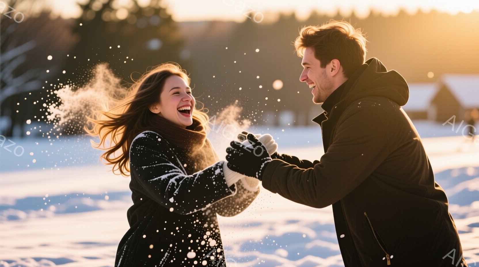 雪景色の中で、若い男女が雪合戦を楽しんでいる様子が写っている。女性は黒いコートに赤いマフラーを巻き、髪は風になびきながら笑顔を見せている。男性も黒いジャケットを着ており、女性に向かって雪を投げているよ - AI生成フリー素材