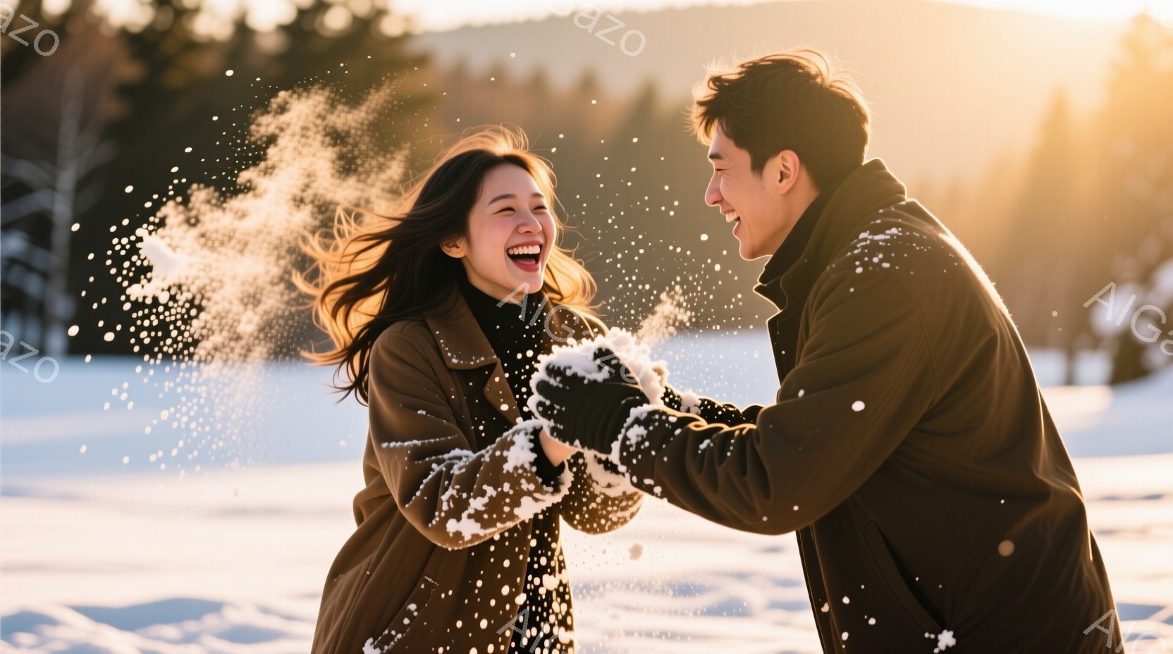 雪景色の中、若い男女が雪合戦を楽しんでいる様子が写っている。女性は茶色のコートを着て、髪をなびかせながら満面の笑みを浮かべ、男性は黒いコートを着て、女性に雪を投げようとしている。背景には雪に覆われた平原と木々が広がり、夕暮れ時の暖かく優しい光が全体を包み込んでいる。