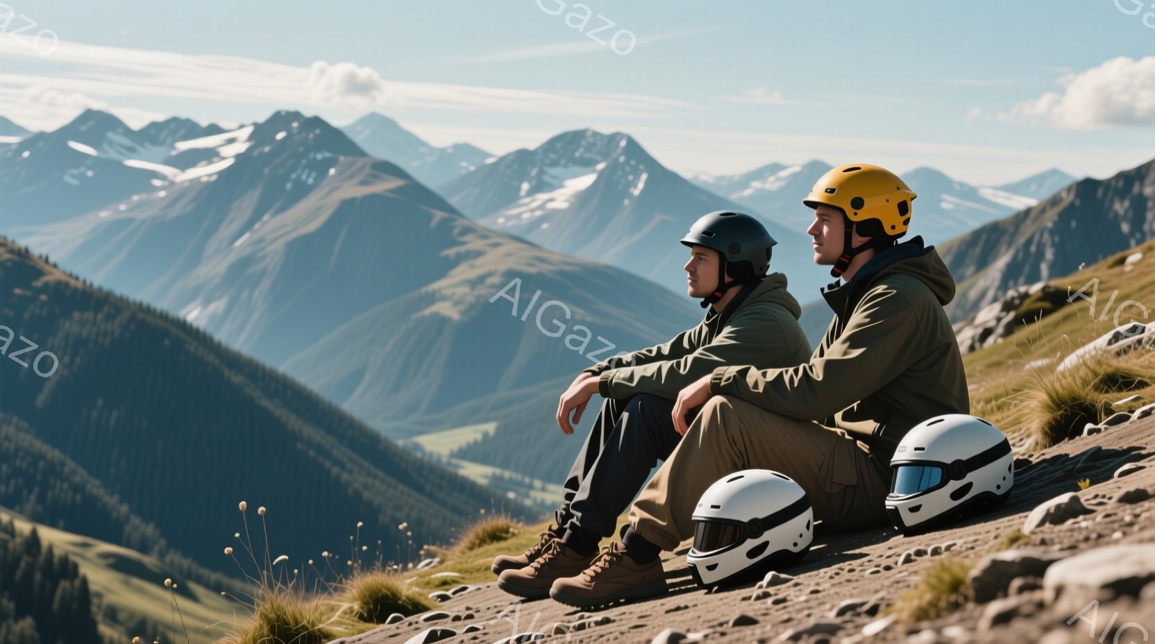 二人の男性が山頂付近の岩の上に座り、遠くの山々を眺めている。彼らはそれぞれ異なる色のヘルメットを被り、ミリタリー風のジャケットとトレッキングブーツを着用しており、自然の中でアクティビティを楽しんでいる様子が伺える。背景には緑豊かな山々と青空が広がり、晴天の穏やかな雰囲気が漂っている。