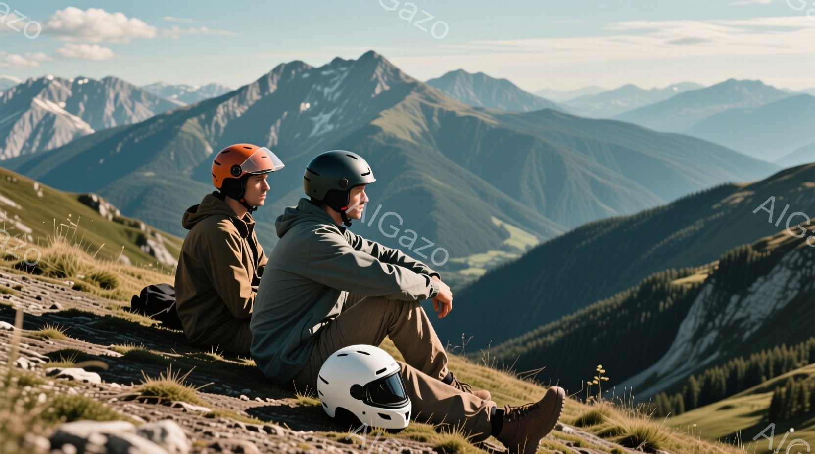 二人の男性が山の斜面に座り、遠くの山々を眺めている。彼らはそれぞれオレンジ色と黒色のヘルメットを被り、ベージュ色のジャケットとズボンを着用しており、カジュアルな服装をしている。背景には緑豊かな森林と険しい山々が広がり、晴天の下、静かで雄大な自然の雰囲気が漂っている。