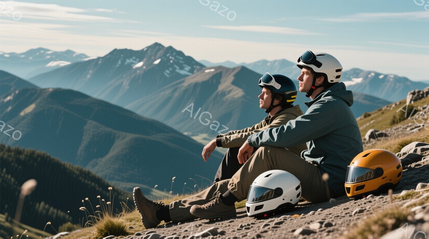 二人の男性が岩だらけの丘の上に座り、遠くの山々を眺めている。彼らはそれぞれヘルメットを被り、ミリタリー風のジャケットとズボンを着用しており、横に置かれたヘルメットは白と黄色である。背景には緑豊かな山々が連なり、晴天の空が広がり、穏やかで静寂な雰囲気を醸し出している。