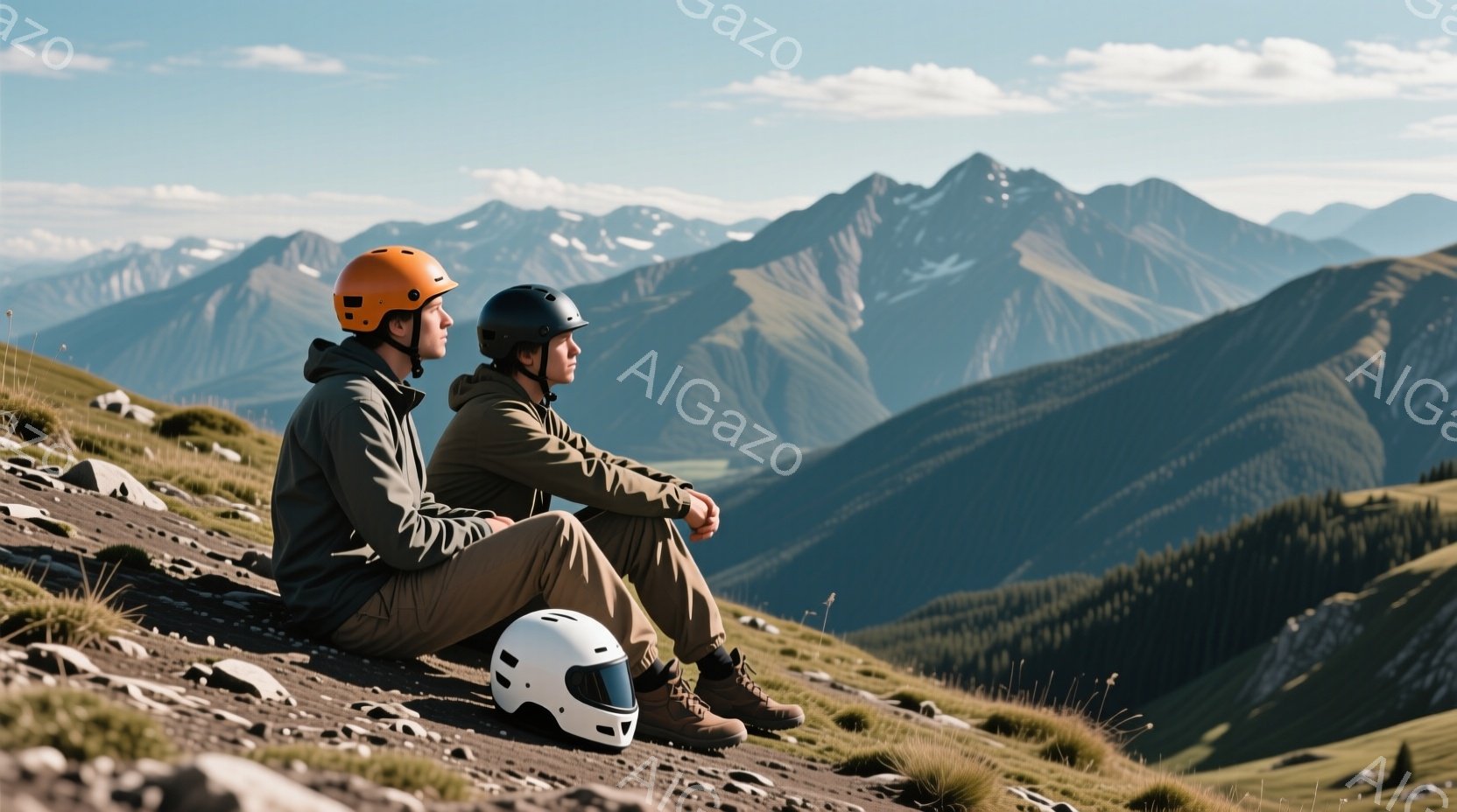 険しい山肌を背景に、ヘルメットを被った二人の男性が並んで座っている。彼らはカーキ色のジャケットとズボンを着用し、ブーツを履いている。遠くには緑豊かな山々が連なり、晴天の下、静かで雄大な自然の雰囲気が漂っている。