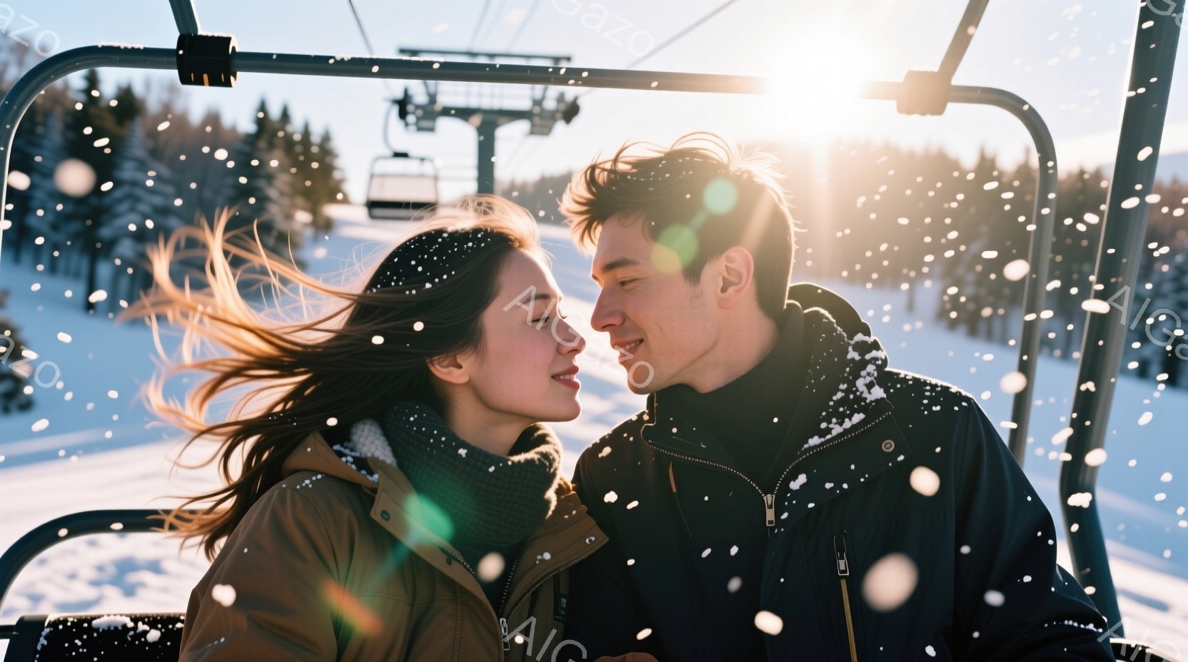 雪が舞うスキーリフトの中で、若い男女が顔を見合わせ微笑んでいます。女性は長い茶色の髪を風になびかせ、ベージュ色のジャケットと緑色のマフラーを着用しています。男性は黒いジャケットを着ており、リフトの背景 - AI生成フリー素材