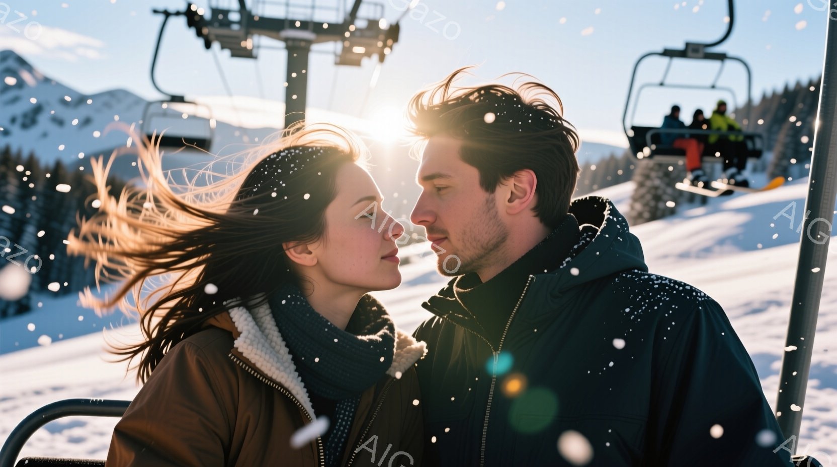 雪が舞うスキー場で、若い男女がリフトに乗って寄り添い合っている。女性は茶色のジャケットに巻き毛の髪をなびかせ、微笑んでいる。男性は黒いジャケットを着ており、女性を見つめ、リフトの背景には雪景色と他のス - AI生成フリー素材