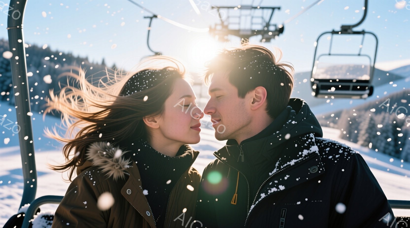 雪が舞うスキー場で、若い男女がリフトに乗って顔を寄せ合っています。女性は茶色の長い髪を風になびかせ、笑顔で男性を見つめています。男性もまた穏やかな表情で女性を見つめ、周囲は雪景色とスキーリフト、遠くに - AI生成フリー素材