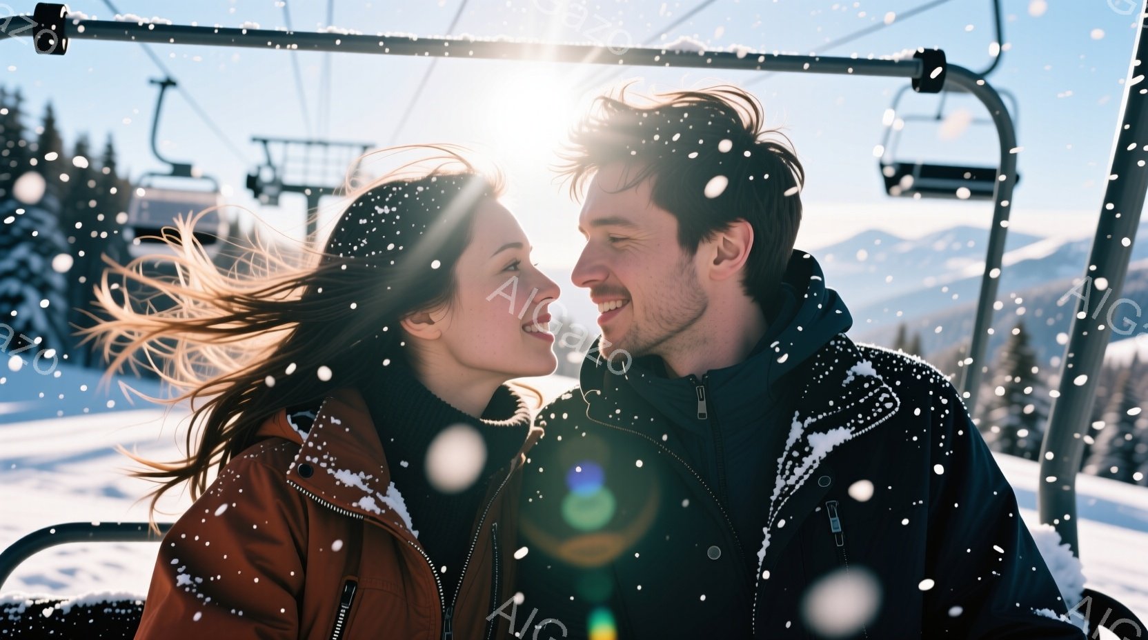 雪が舞うスキー場で、若い男女がリフトに乗って互いを見つめ合っています。女性は茶色のジャケットを着て、風になびく長い髪を持ち、微笑んでいます。男性は黒いジャケットを着ており、髭を生やし、女性を見て満面の - AI生成フリー素材