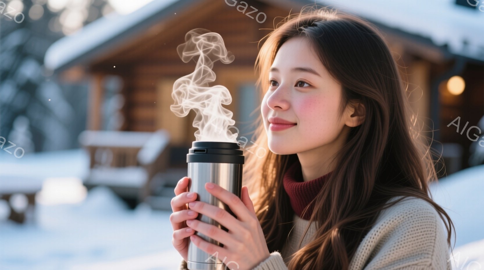 彼女は、クリーム色のセーターと赤い襟付きのインナーを着て、暖かい飲み物を両手で抱えています。彼女の髪は長く、ゆるやかに巻かれており、顔は穏やかな笑顔で、どこか遠くを見つめています。背景には雪に覆われた木々や建物があり、冬の穏やかな雰囲気を醸し出しています。