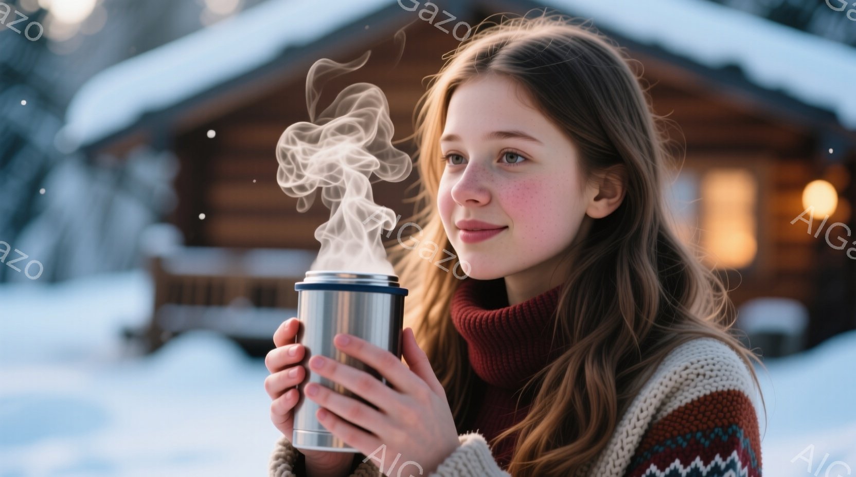 少女は、暖かい赤いセーターと茶色の髪で、雪景色の中で温かい飲み物を両手で抱えています。彼女の顔にはそばかすがあり、優しい微笑みを浮かべて遠くを見つめています。背景には、雪に覆われた木々や、暖色の光が灯る可愛らしい小屋が見え、穏やかで心地よい冬の雰囲気が漂っています。