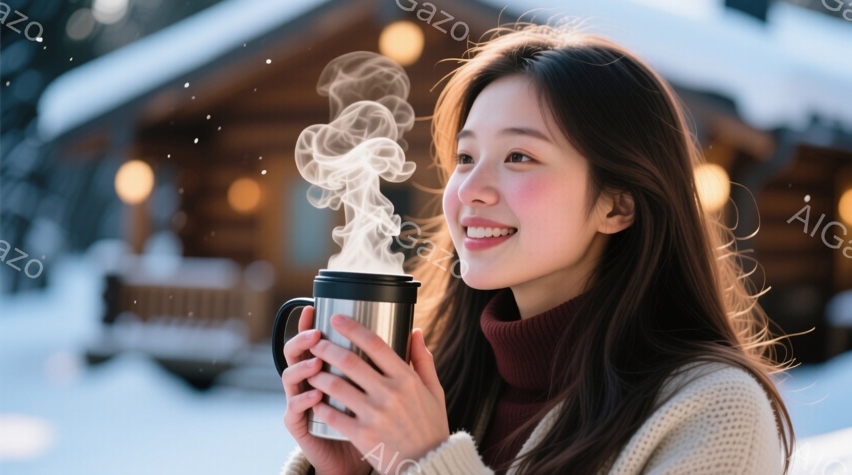 長い茶色の髪が風になびき、明るい笑顔を浮かべた若い女性が、湯気を上げるマグカップを両手で抱えています。彼女はクリーム色のセーターと赤いタートルネックを着ており、背景には雪に覆われた木造の建物が見えます。全体的に、温かく穏やかな冬の日の雰囲気が漂っています。