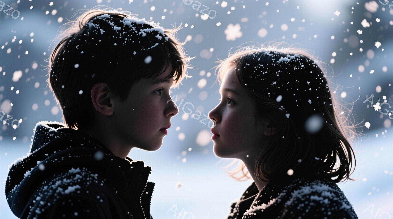雪が舞う中で、少年と少女が互いに向き合っている。少年は黒いジャケットを着ており、短い茶色の髪には雪が積もっている。少女も黒いコートを着ており、同じように短い黒髪に雪が付着し、二人は静かに、どこか憂いを - AI生成フリー素材
