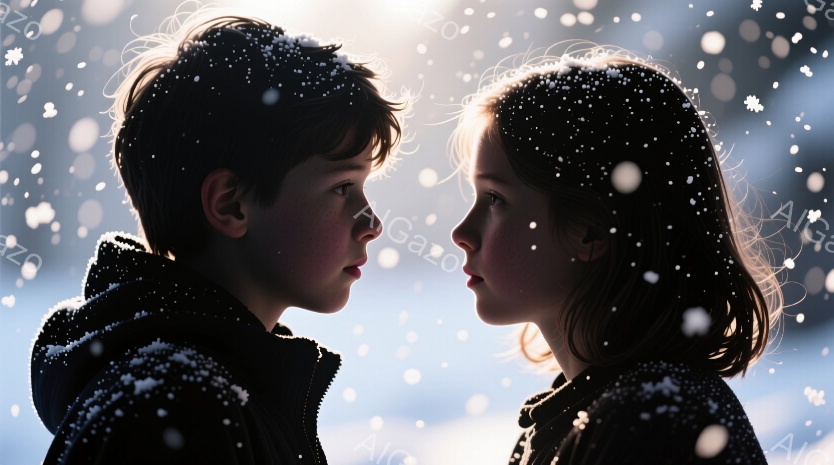 雪が降り積もる中、少年と少女が互いに向き合い、深刻な表情を浮かべています。少年はダークカラーのフード付きジャケットを着用し、短い茶色の髪をしています。少女は黒髪で、同じようにダークカラーのジャケットを着ています。
