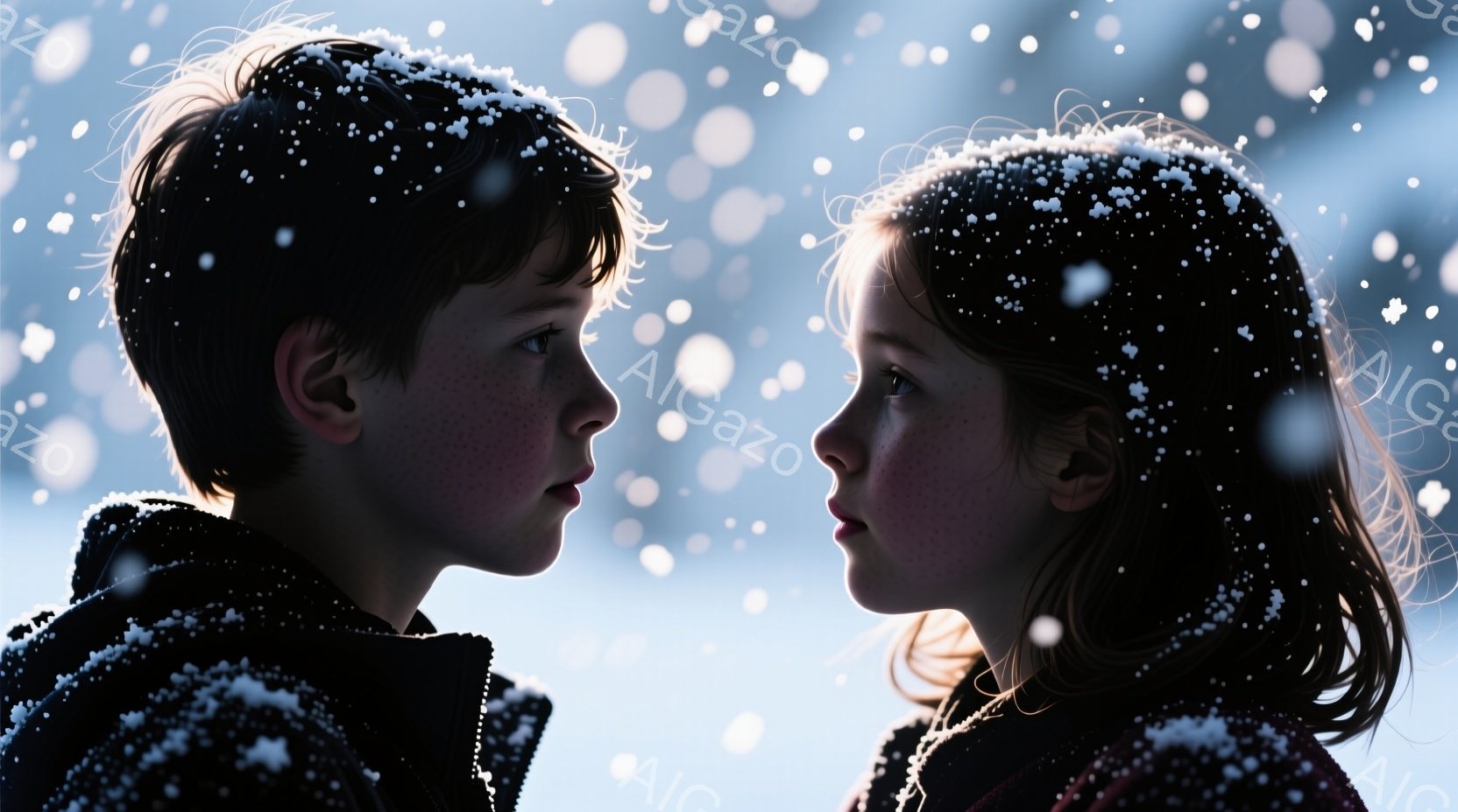 少年と少女が雪の中で顔を寄せ合い、互いに見つめ合っている。少年は黒いコートを着ており、短いダークブラウンの髪をしている。少女は赤いチェック柄の服を着ており、長いダークブラウンの髪が肩にかかっている。背 - AI生成フリー素材