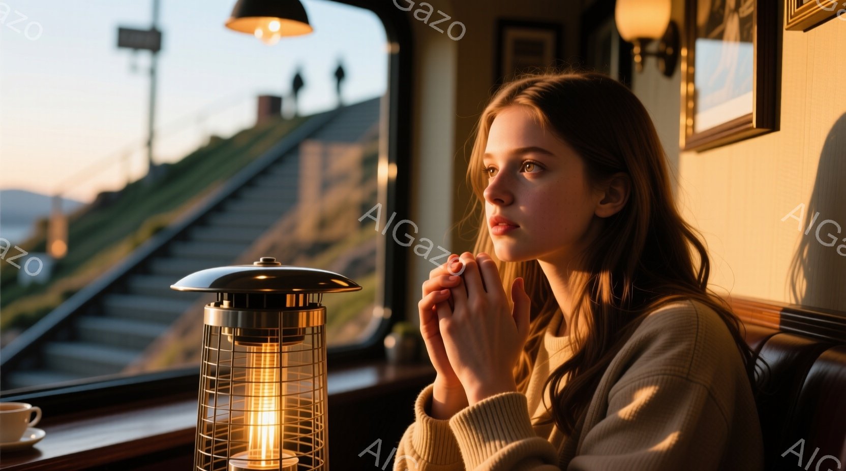 若い女性が暖炉のような照明のそばに座り、何かを考えているような表情をしています。彼女はベージュ色のセーターを着ており、髪は肩まで伸びた茶色で、少し内側にカールしています。窓の外には、夕焼けに照らされた丘陵地帯が見え、暖炉の光と夕焼けが、温かく、物憂げな雰囲気を醸し出しています。