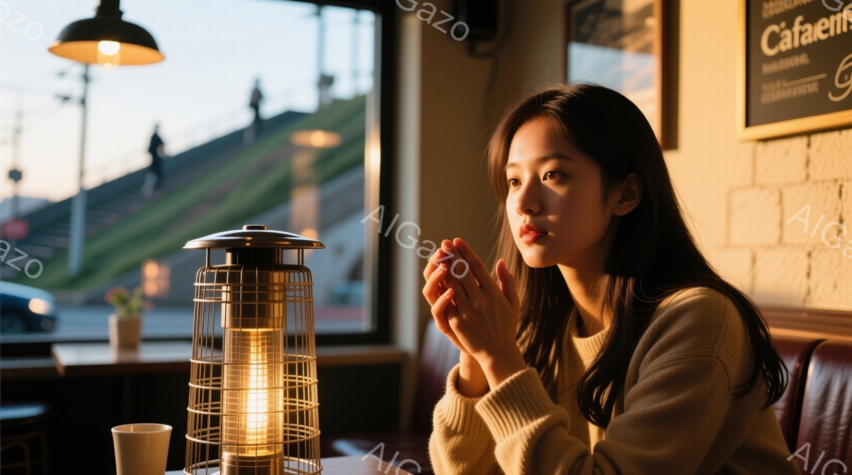 明るい栗色の髪を肩まで伸ばした若い女性が、両手を頬のあたりに当てて何かを考えているような表情をしている。ベージュのセーターを着ており、背景には窓の外に建物や植物が見え、暖炉のような照明がテーブルに置か - AI生成フリー素材