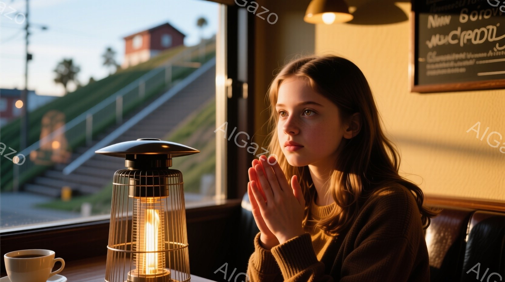窓際の席に座る若い女性は、茶色のニットセーターを着ており、髪は長くストレートで肩にかかっています。彼女は両手を重ねて祈るように見え、何かを深く考えているかのような表情をしています。背景には建物と緑の丘が見え、夕暮れ時の穏やかで落ち着いた雰囲気が漂っています。