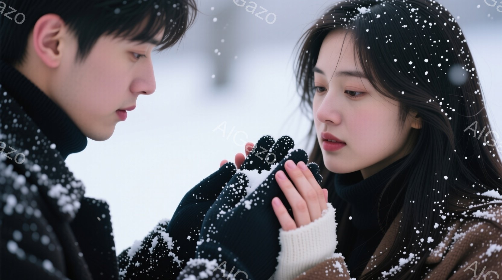 雪が降る中、若い男女が向き合っている。男性は黒いコートを着ており、女性はベージュのコートと白いセーターを着ている。二人は互いの手を握り、少し悲しげな表情を浮かべており、冬の寂しげで切ない雰囲気が漂っている。