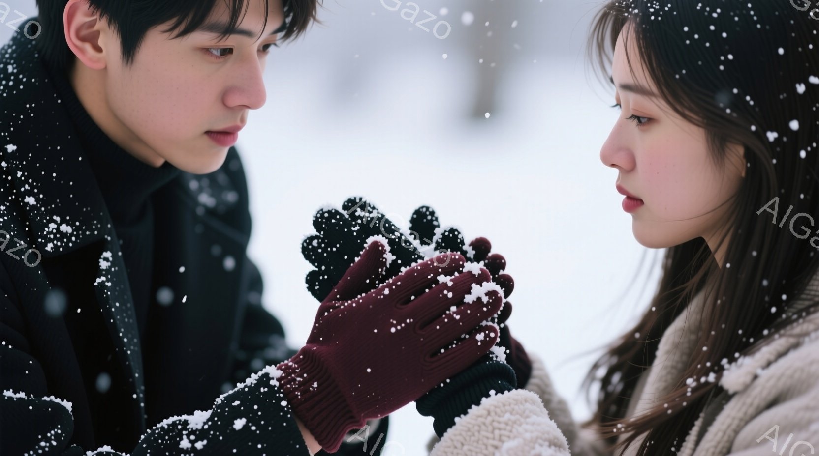 雪が降る中、一対の男女が顔を寄せ合い、互いに雪玉を握り合っている。男性は黒いコートを着ており、女性はオフホワイトのセーターを着ている。二人の表情は穏やかで、雪景色の中で親密な雰囲気が漂っている。 - AI生成フリー素材