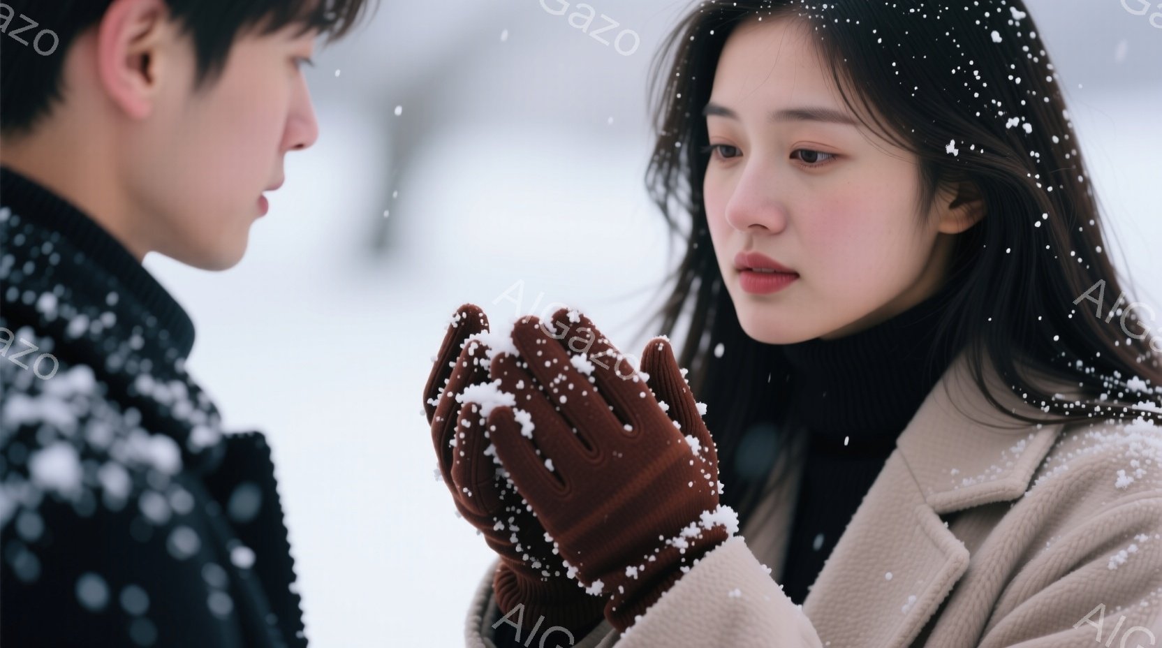 雪が降る中、若い女性が茶色の手袋で雪玉を手に持っており、少し物憂げな表情で何かを考えているように見える。彼女はオフホワイトのコートを着ており、長い黒髪が肩にかかっている。背景にはぼやけた男性の姿が見え - AI生成フリー素材