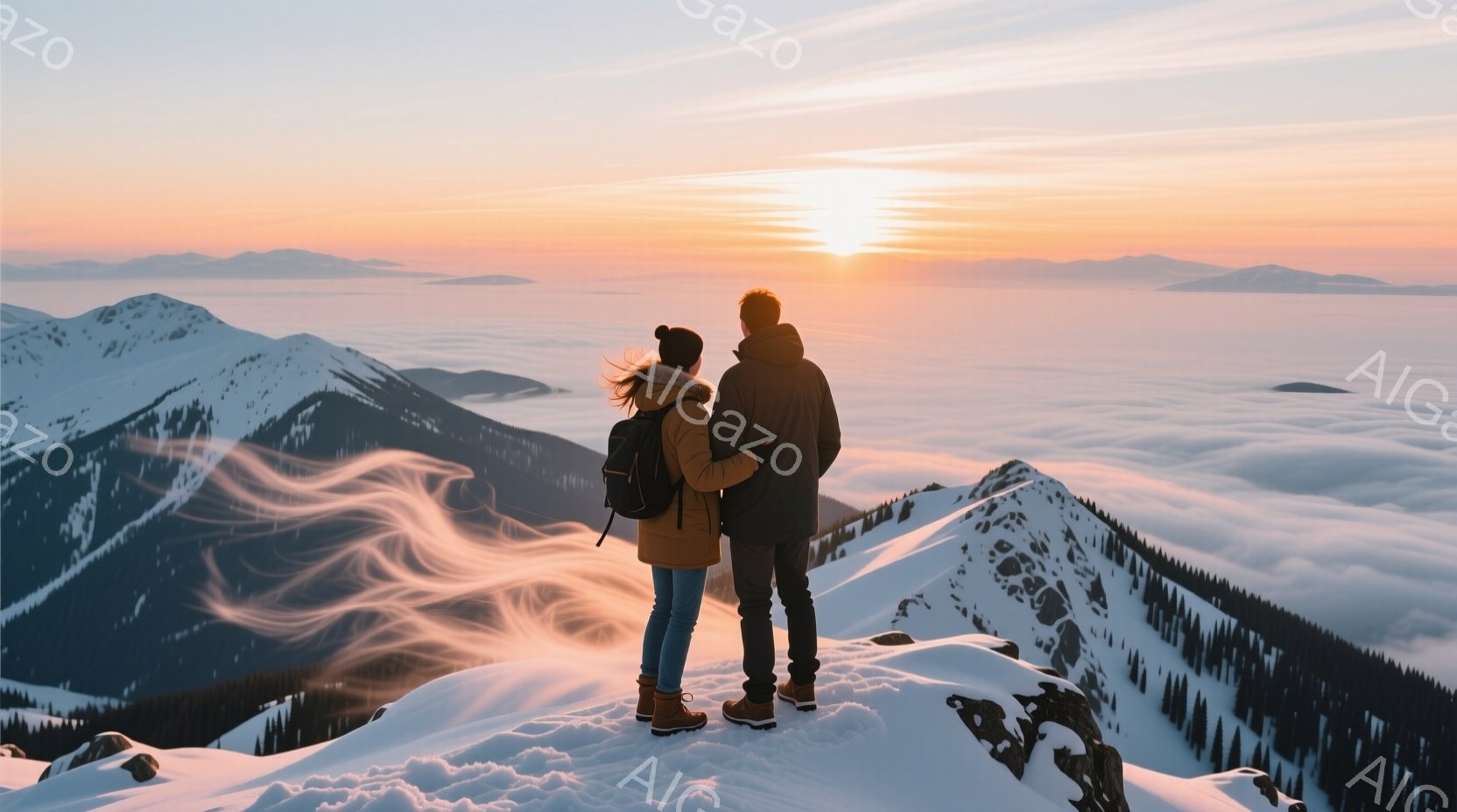 雪を冠した山頂に立つ男女は、互いに寄り添い、遠く広がる雲海と夕焼けを眺めている。女性は黒い髪を風になびかせ、オレンジ色のジャケットを着用し、男性は茶色の髪で、同様にオレンジ色のジャケットを着ている。雲 - AI生成フリー素材