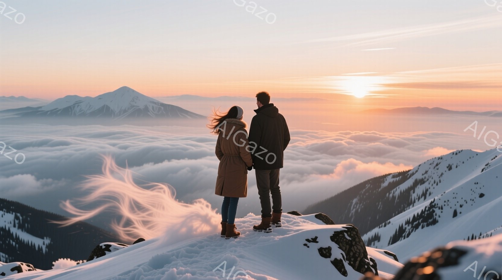雪山の上で、コートを着た男女が雲海を眺めている。女性は風になびく長い髪を持ち、男性は後ろ姿で、ともに暖かい服装をしている。背景には雪を頂いた山々が連なり、夕焼け空が雲海をオレンジ色に染め上げ、静かで幻 - AI生成フリー素材