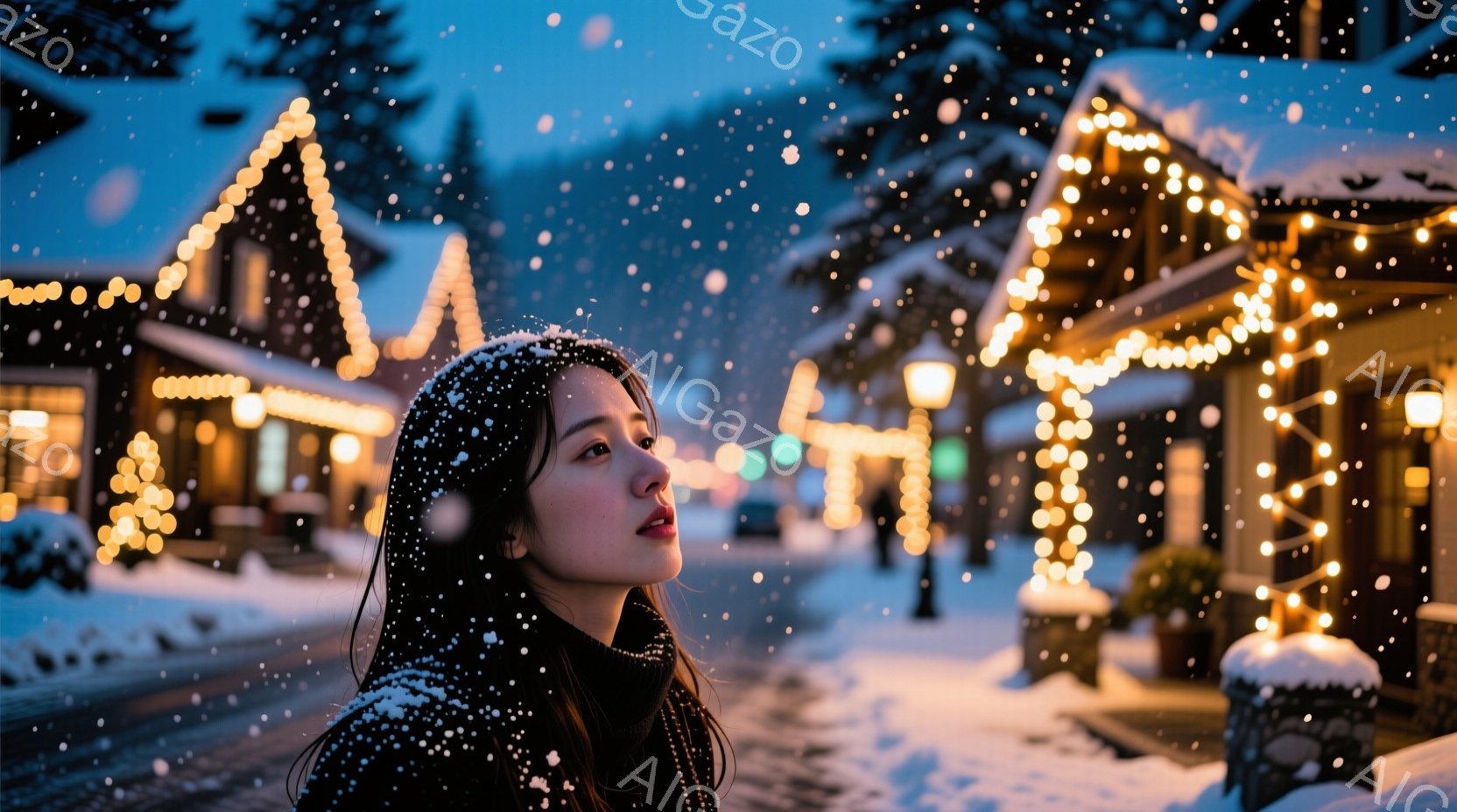 黒髪の女性が雪が降る街並みを上を見上げています。彼女は濃い色のコートを着ており、髪には雪が積もっています。背景には、ライトアップされた建物や雪に覆われた木々があり、幻想的で静かな冬の雰囲気を醸し出して - AI生成フリー素材