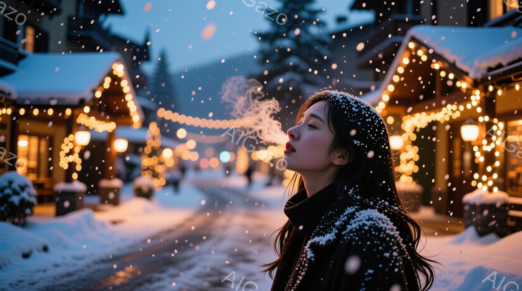 長い黒髪を肩から垂らし、黒いコートを着た女性が雪の中を歩いている。彼女は息を吐いており、白い息が空気に漂っている。背景には、雪で覆われた建物と、キラキラと輝くイルミネーションが並び、冬の幻想的な雰囲気を醸し出している。