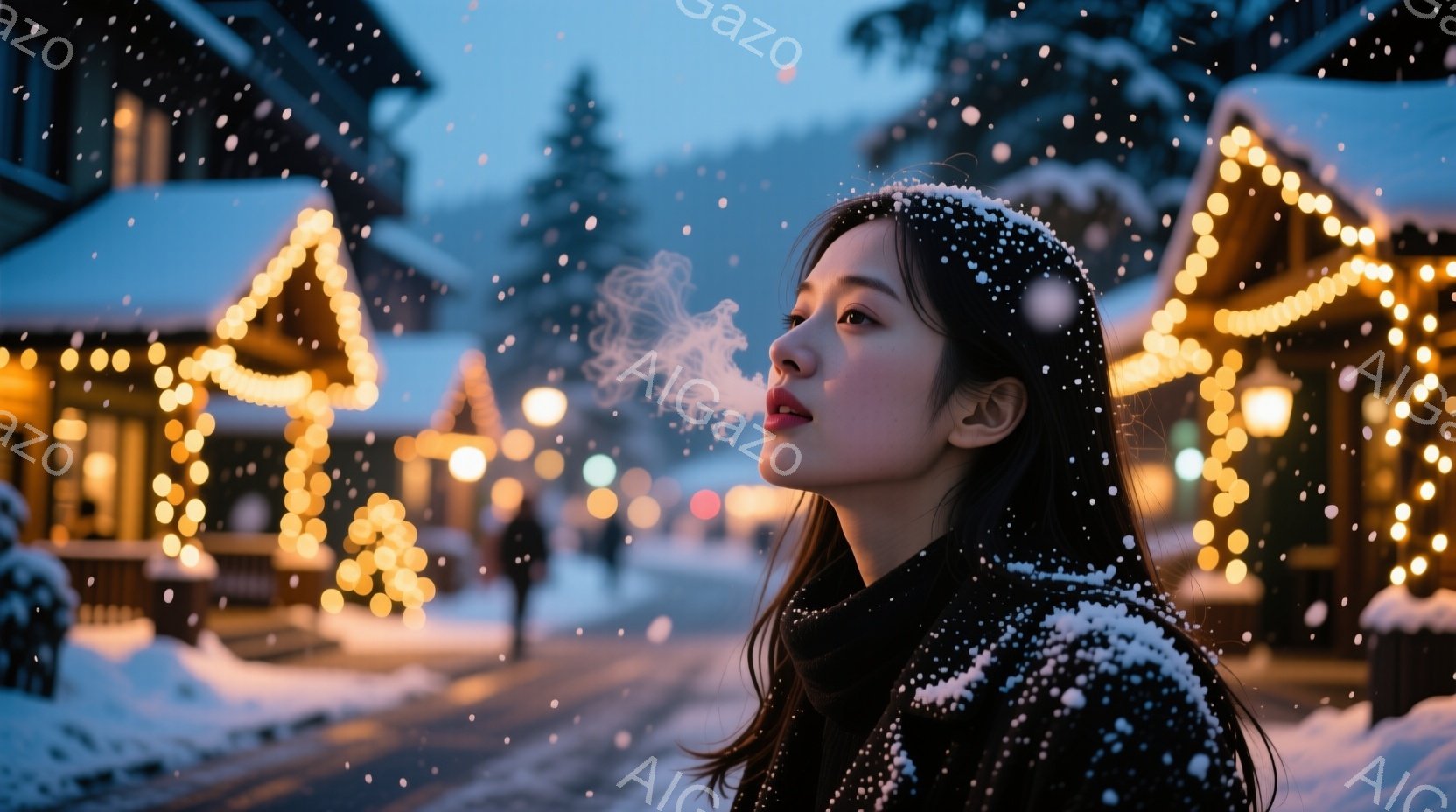 長い黒髪を肩まで伸ばした女性が、白い雪が舞う中で息を吐き出しており、白い吐息が寒さを強調している。彼女は黒いコートを着ており、背景にはクリスマスのイルミネーションで飾られた建物や雪に覆われた木々がぼん - AI生成フリー素材