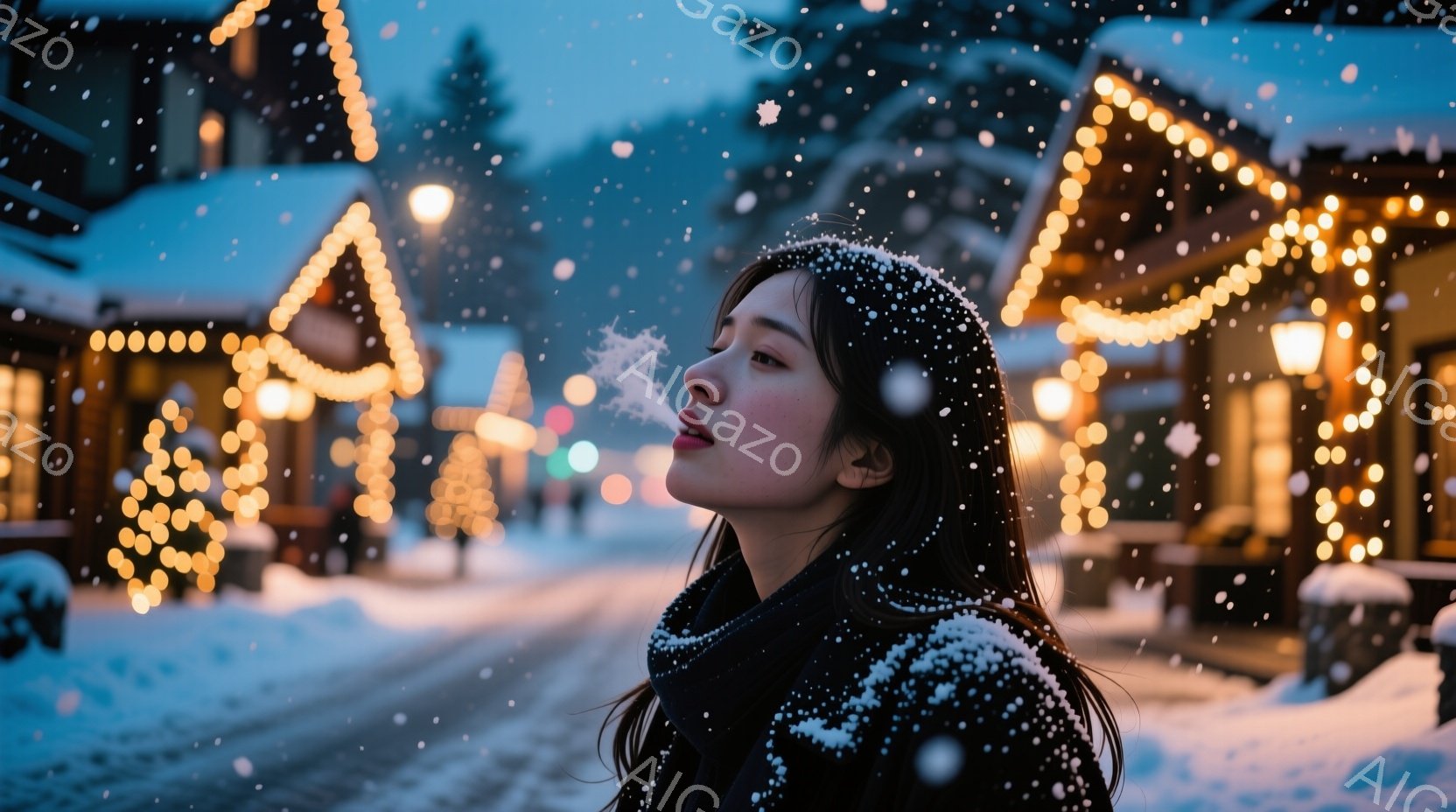 長い黒髪の女性が雪の中で息を吐いている様子が写っている。彼女は黒いコートを着ており、顔と髪に雪が付着している。背景には雪で覆われた建物と、暖かく輝くイルミネーションが灯っており、幻想的な冬の雰囲気を醸 - AI生成フリー素材