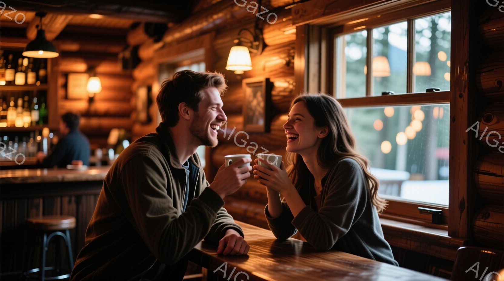 若い男女が暖炉のそばのテーブルで向かい合って座り、コーヒーまたは紅茶を手に微笑んでいます。男性はダークブラウンの髪で、カジュアルなジャケットを着ており、女性は長い茶色の髪で、ニットセーターを着ています - AI生成フリー素材