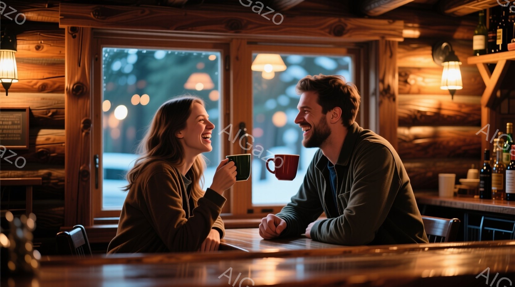 明るい笑顔を交わす若い男女が、木のカウンター席で暖かな飲み物を楽しんでいます。女性は肩までの茶髪で、ベージュのセーターを着ており、男性は黒いジャケットを着て少し無精髭を生やしています。窓の外には雪景色が広がり、カウンターの上にはボトルが並び、室内の木製の壁と暖色の照明が心地よい雰囲気を作り出しています。