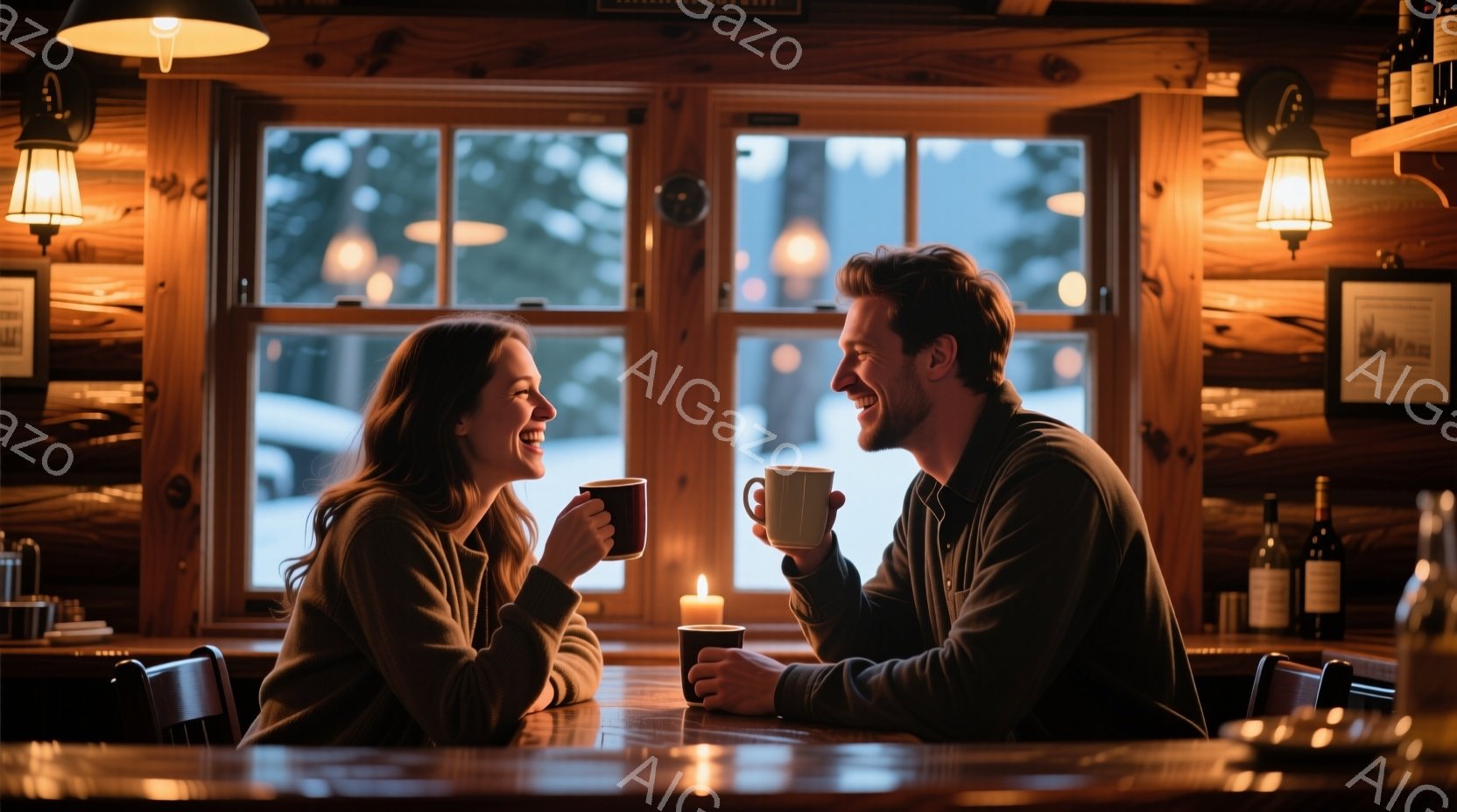 暖炉のある木造のバーカウンターで、一対の男女が向かい合って微笑み合っています。女性は茶色の長い髪で、赤いセーターを着ており、男性は黒い髪で紺色のセーターを着ています。窓の外は雪景色で、室内は温かく、ほ - AI生成フリー素材