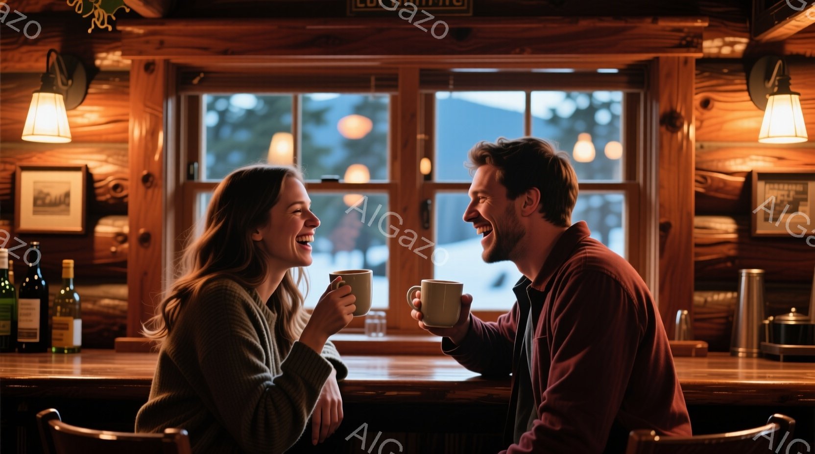 暖かい光に包まれた木造の小屋の中で、男女が笑顔で向き合い、マグカップを手にしている。女性は茶色のニットを着ており、長い髪は自然に肩にかかっている。背景には雪景色が見え、冬の穏やかな雰囲気を醸し出してい - AI生成フリー素材