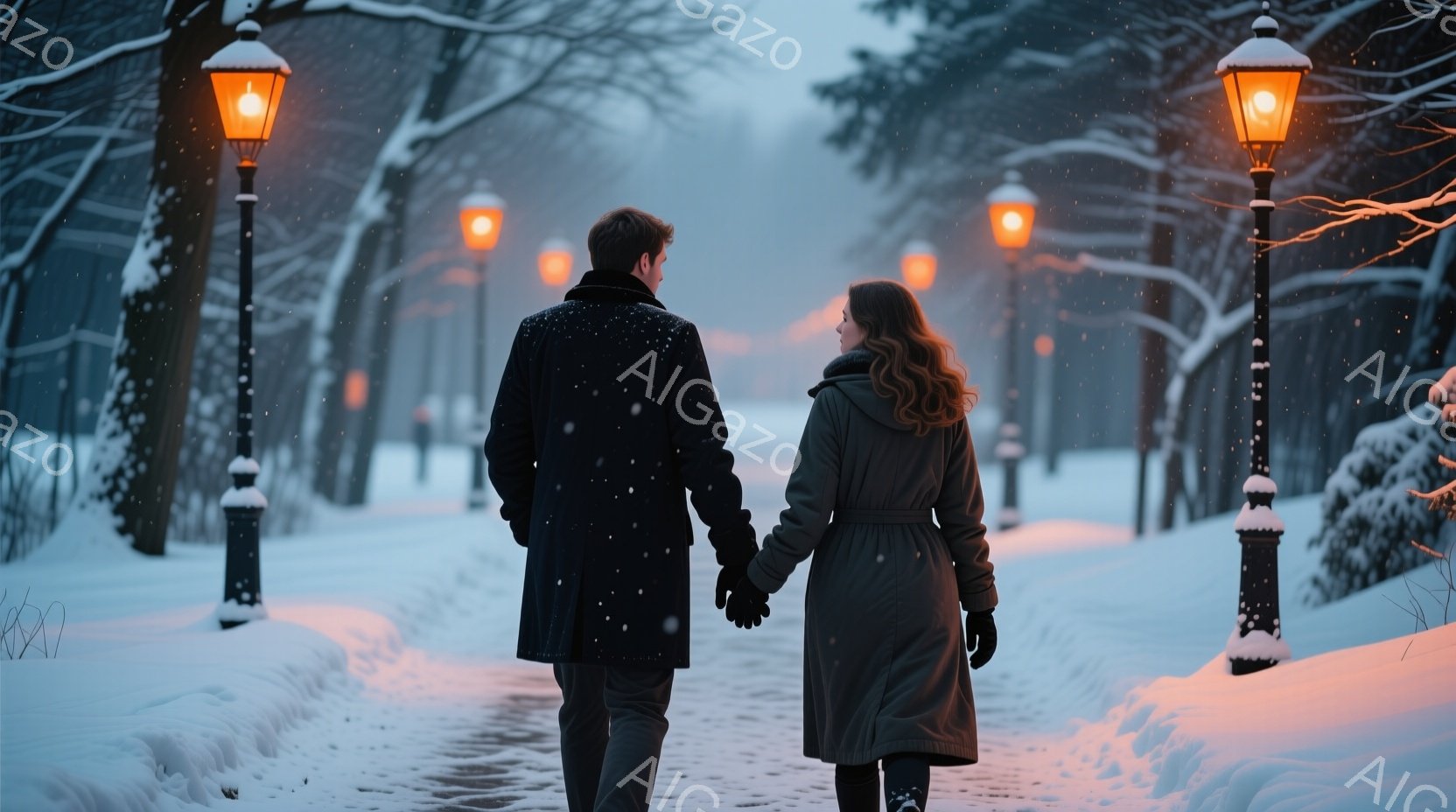 雪の降る並木道を、コートを着た男女が手をつないで歩いている。男性は黒いコート、女性はベージュのロングコートを着用しており、女性はゆるくウェーブした長い髪をしている。背景には雪に覆われた木々と、オレンジ色の光を放つ街灯があり、静かでロマンチックな雰囲気を醸し出している。