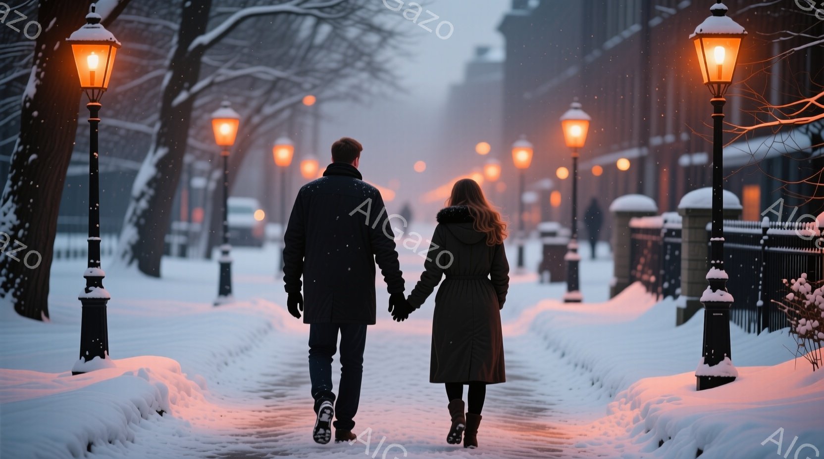 雪が舞う並木道を、一対の男女が手をつないで歩いている。男性は黒いコートとジーンズ姿で、女性は膝丈の黒いコートを着ている。背景にはガス灯が立ち並び、ぼんやりと光る建物と雪に覆われた木々が見え、ロマンチッ - AI生成フリー素材