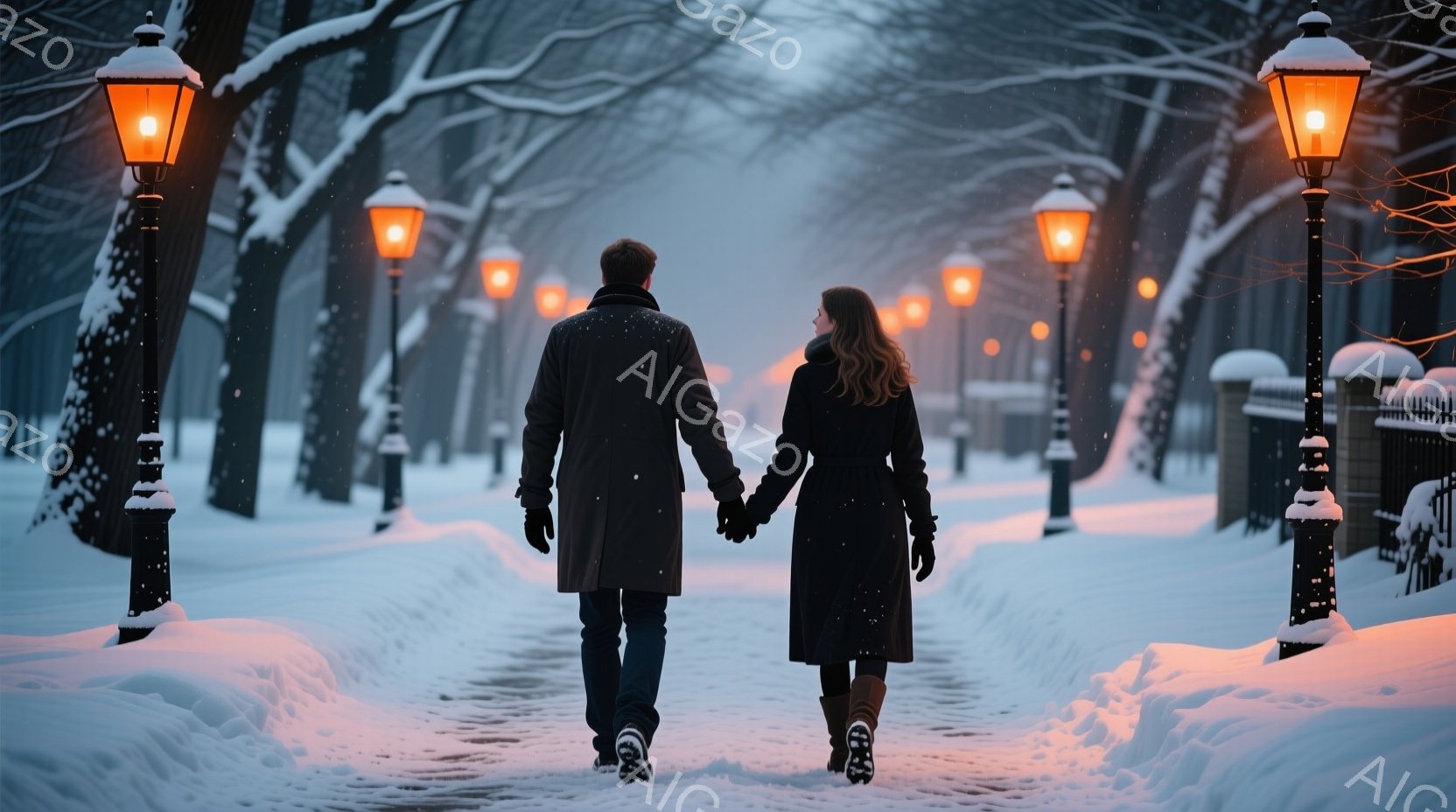 雪が舞う並木道を、コートを着た男女が手をつないで歩いている。女性はロングヘアで、男性は後ろ姿のみが見える。背景には雪に覆われた木々と、灯りの灯る街灯が立ち並び、幻想的な冬の雰囲気を醸し出している。