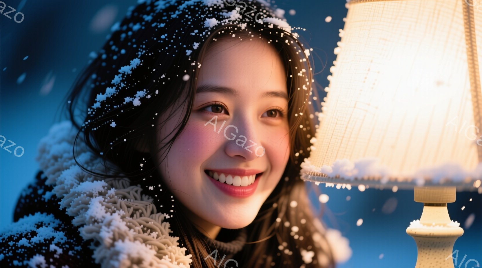 彼女は白い雪が降る中で、笑顔を見せています。黒髪を無造作に垂らし、白いファー付きのコートを着ています。背景にはぼやけた光の柱があり、冬の暖かく幻想的な雰囲気を醸し出しています。 - AI生成フリー素材