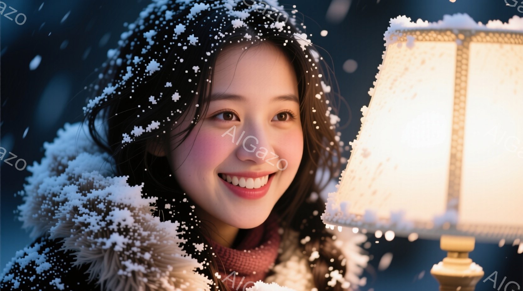 雪が降り積もる中で微笑む若い女性が写っています。彼女は赤いセーターと、頭に雪が積もったダークブラウンの髪をしています。背景にはぼやけた街灯があり、全体的に温かく、幻想的な冬の雰囲気を醸し出しています。